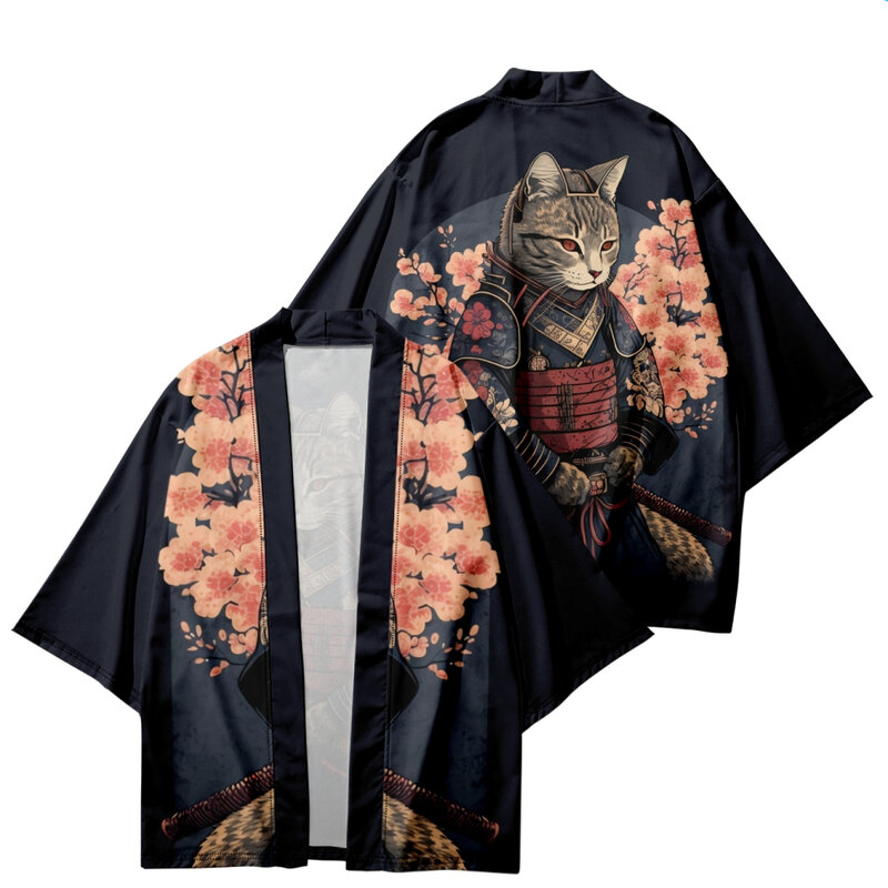 Kimono imprimé samouraï Sakura japonais pour hommes et femmes, vêtements traditionnels Harajuku, cardigan Streetwear d'été, Haor de plage