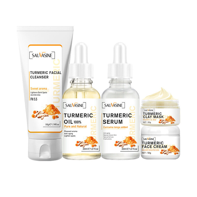 5Pcs Turmeric Face Care Kit Natural Organic Whitening Facial Essence Nourish Smooth Face Skin Care Serum Anti-Aging Face Cream