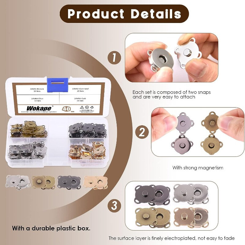 Kit de boutons d'attaches à pression en métal à coudre, accessoires de vêtement de bricolage, matériaux de portefeuille, 10 pièces, 14mm, 18mm