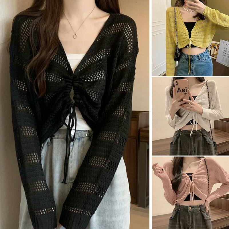 Spring Autumn New Solid Color Slim Cardigan Woman Sweet Green Cardigan Cardigan Black Knitted Pink Women Out Hollow White L J1i9