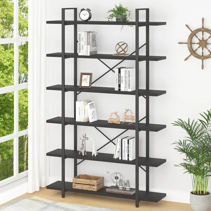 HSH 6 Tier Tall Black Bookshelf, Modern Large Storage Book Shelves & Display Book Shelf,Industrial Open Vertical Metal and Wood