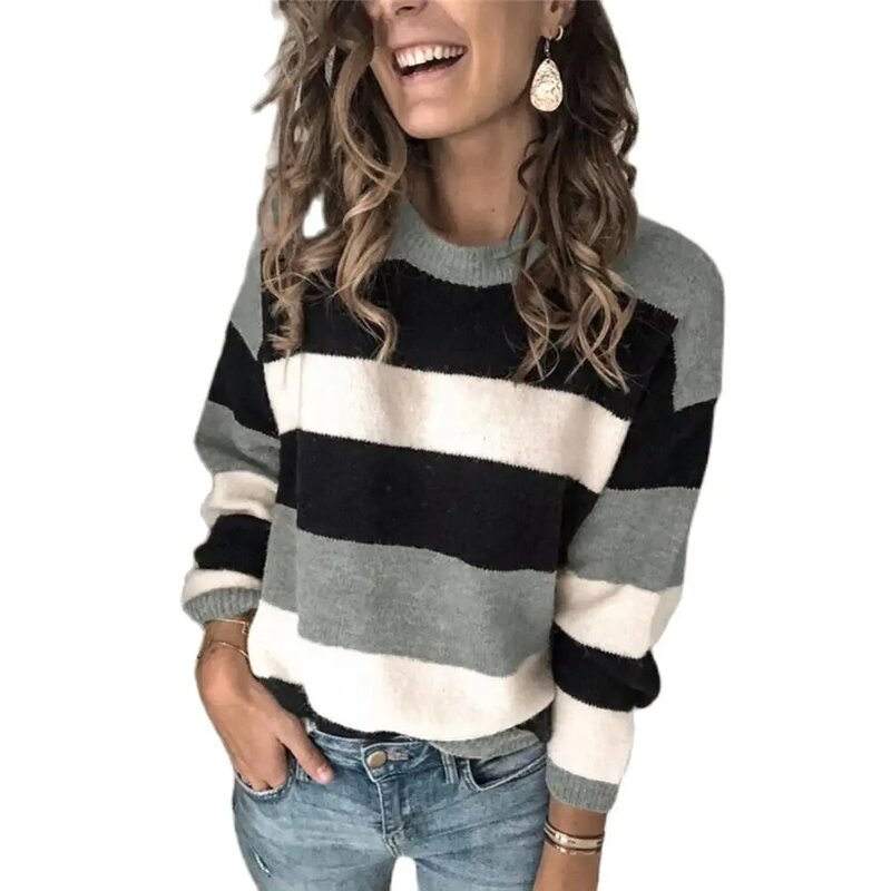 Suéter de punto de manga larga para mujer, Jersey holgado con cuello redondo, bloque de Color