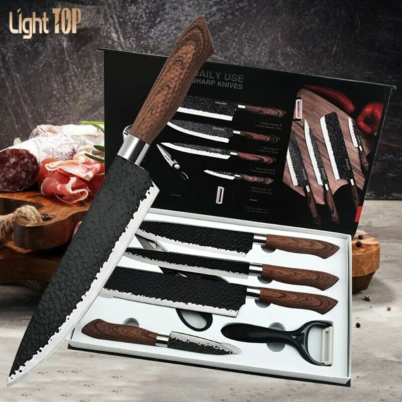 Ensemble de couteaux opaques de cuisine, motif de marteau, couteau à fruits tranchant, ciseaux à légumes, couteau utilitaire, viande de chef, 6 pièces