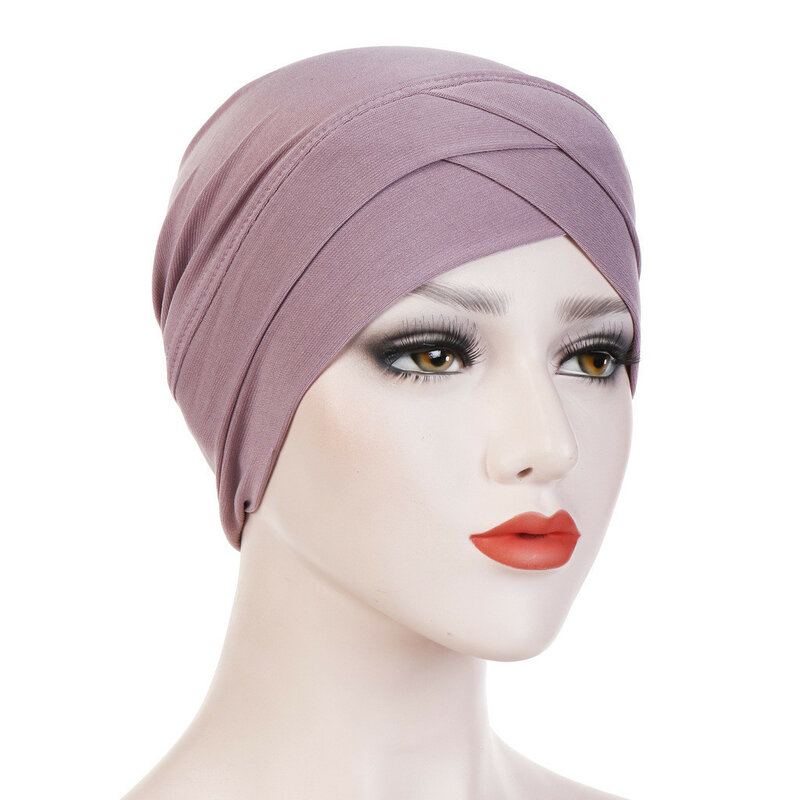 Turbante de algodão muçulmano para mulheres, lenço dobrável com fita de cabelo cruzado, elástico na cabeça, lady headwear, bandanas, chapéus, gorro
