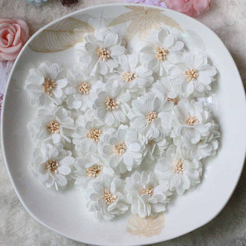 10 unids/lote de flores de tela sólida de 40mm, parte trasera plana 3D, cabeza de flor hecha a mano, accesorios de tela para decoración de boda