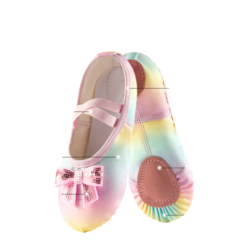 여아용 반짝이 스플릿 솔 댄스 슬리퍼, 유아 연습 신발 플랫, 부드럽고 가벼운 탄성 레이스, 다채로운