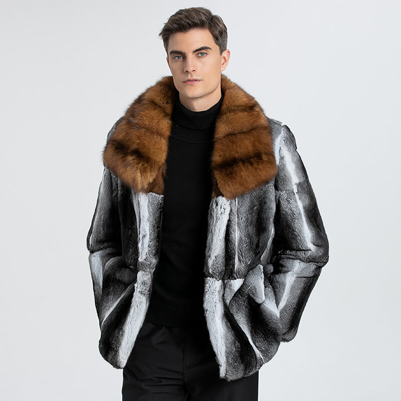 Зимнее длинное Мужское пальто из натурального меха шиншиллы с воротником из натурального соболиного меха