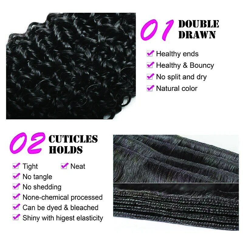 Bundel keriting ditarik ganda dengan penutup bundel rambut manusia keriting Brasil dengan 4x4 ekstensi rambut 8-14 inci