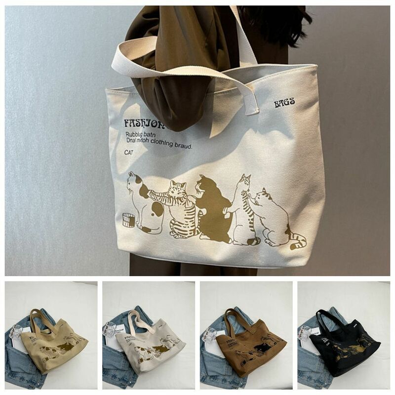 Tas Tote kucing hewan elegan kapasitas besar kanvas gaya Jepang huruf perjalanan