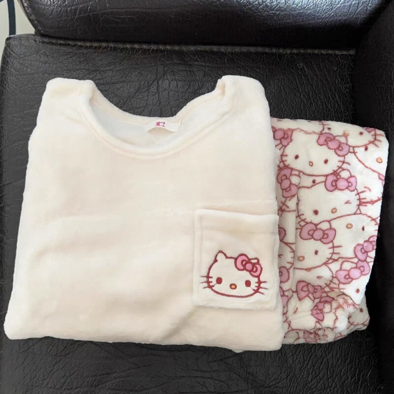 2-delige Sanrio Hello Kitty Nieuwe Nachtkleding Pak Koraal Pluche Pullover Tops Broek Huiskleding Set Y 2K Vrouwen Schattige Zachte Nachthemd