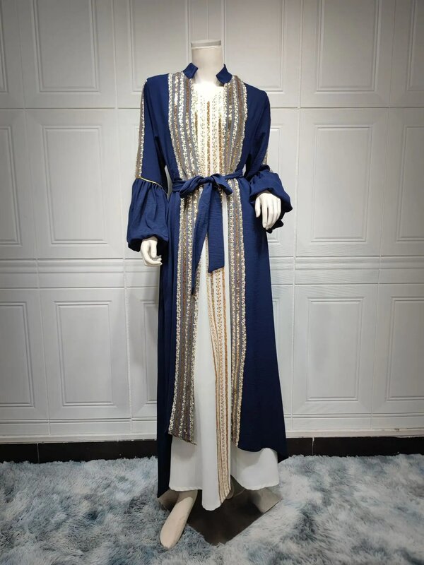 Средневосточный Кувейт халат мусульманская Мода Женский вышитый бисером комплект из двух предметов платье с рукавом-пузырьком женское платье