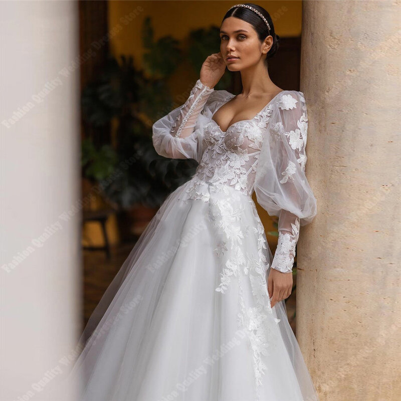 ชุดแต่งงานสวยหรูหรา2024สำหรับผู้หญิงชุดเดรสผ้าทูลล์มีคุณภาพชุดเดรสสำหรับเจ้าสาวแขนกุด kadn UZUN kollu beyaz elbise nikah