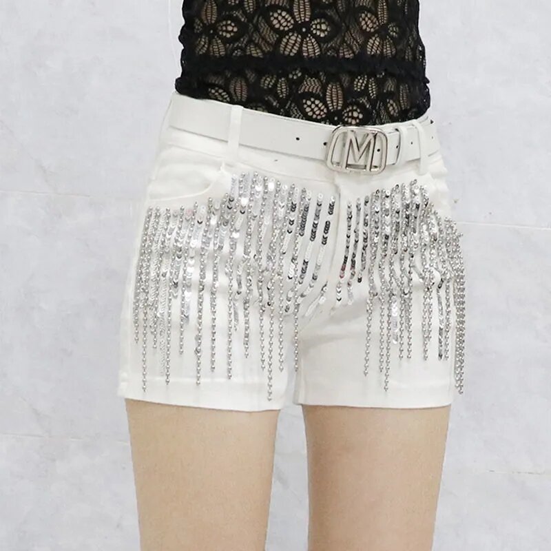 Black Sequins tassels Denim Shorts Women's Streetwear 2023 Summer New Korean Slim Chain Trend Hot Pants White Casual Short Jeans