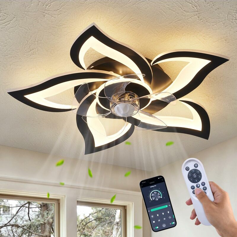 พัดลมเพดานพร้อมไฟควบคุมระยะไกล24 "สีดำ6สปีดพัดลมติดเพดานแบบฟลัชเมาน์โปรไฟล์ต่ำ3แสงไฟสีสำหรับห้องครัว