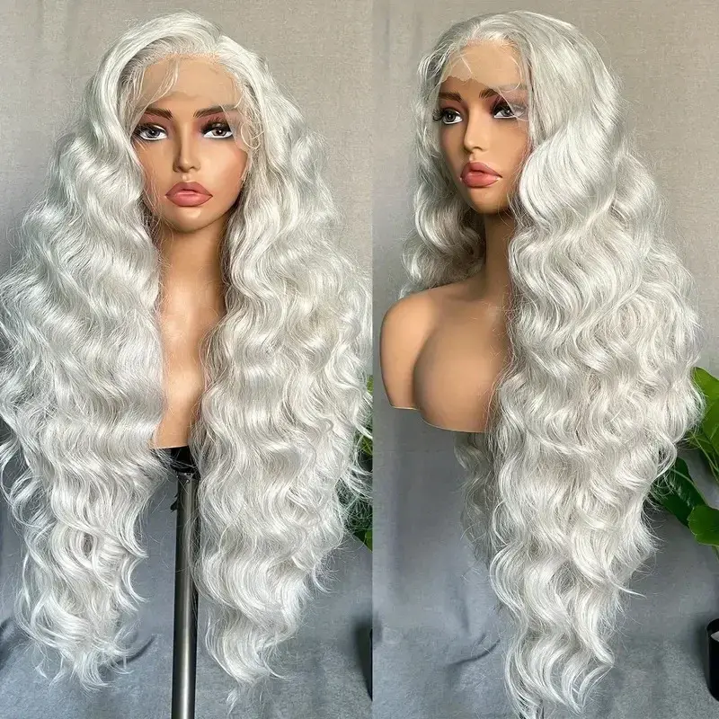 Long Curly Hair Silver White Frontal Lace Wigs Fashion Corn Perm Curling Head Set African Pre-hit Lace Wig Head Set Human Hair