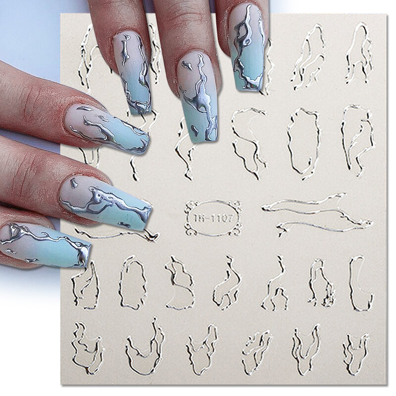 3D Silver Frame Nail Sticker Silver Bronzing Stripe Lines Sliders For Nails Tribal Pattern Decals Marble Blooming Nail Tattoos
