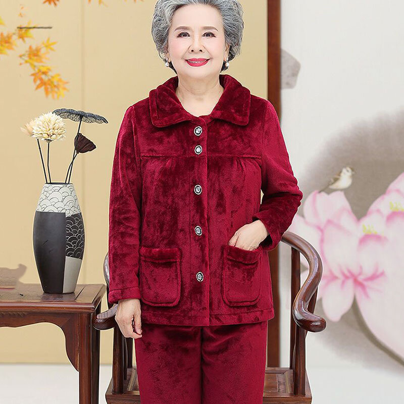 Nuovo pigiama da donna di mezza età spesso con velluto autunno inverno caldo pigiama flanella Home Wear pantaloni femminili set di due pezzi 4XL