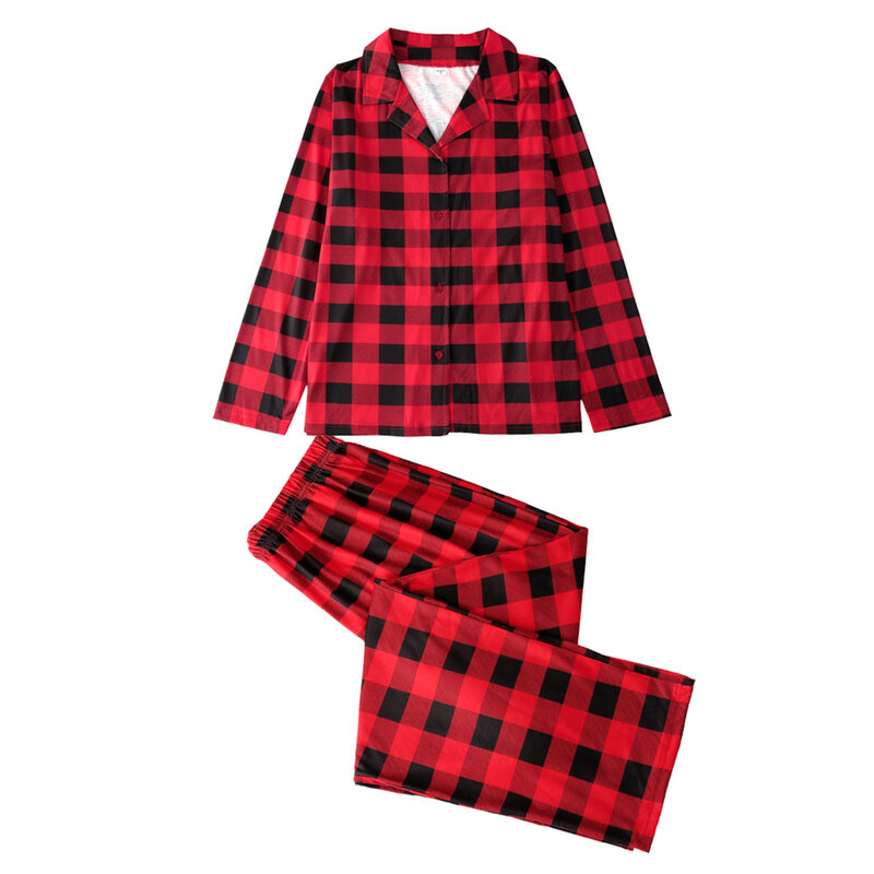 Weihnachten Eltern-Kind-Pyjama setzt Plaid-Print Langarm Revers Hemd Hose, Kleid, Overall, Hund dreieckige Lätzchen Nachtwäsche
