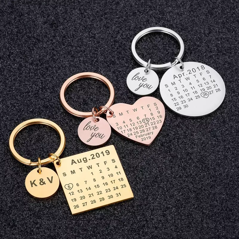 Porte-clés personnalisé en acier inoxydable gravé, porte-clés personnalisé, date du calendrier, cadeau des travailleurs de mariage, petit ami, mari