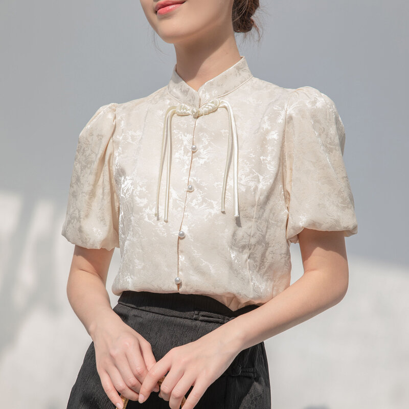 Satynowy żakard stojący kołnierz koszula damska 2024 lato Haute Couture nowy chiński styl zapinana Top z krótkim rękawem