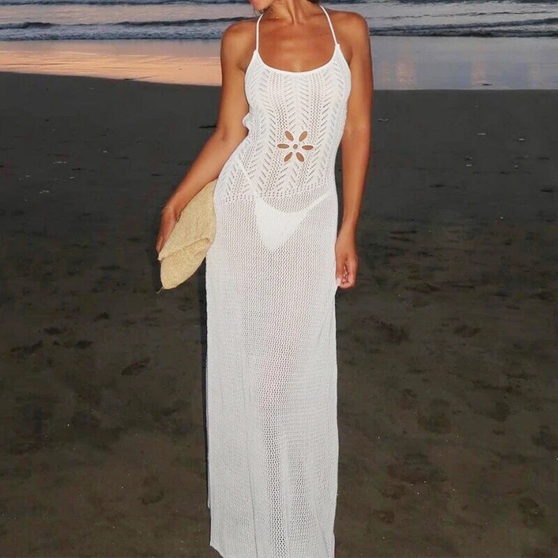 Женское трикотажное платье макси Maemukilabe с вырезами, длинное платье на бретелях-спагетти с открытой спиной и завязками для пляжного отдыха, коктейльного клуба