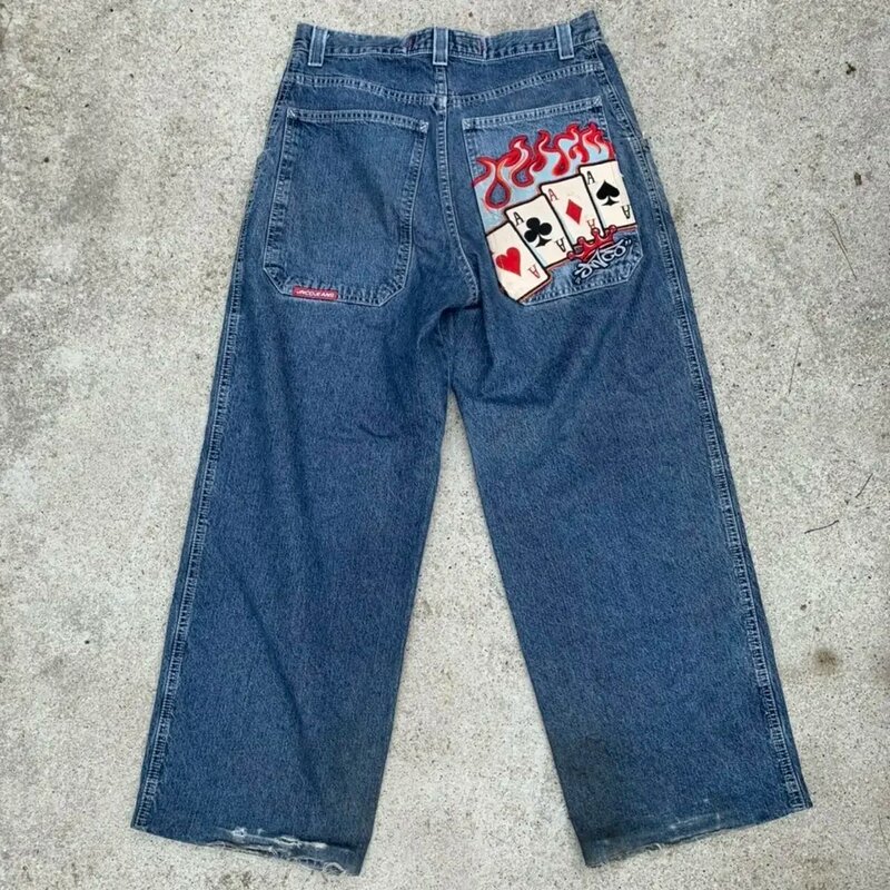 Harajuku Pria Wanita Streetwear JNCO Jeans Y2K Hip Hop pola Retro biru longgar Denim celana Gotik celana lebar pinggang tinggi