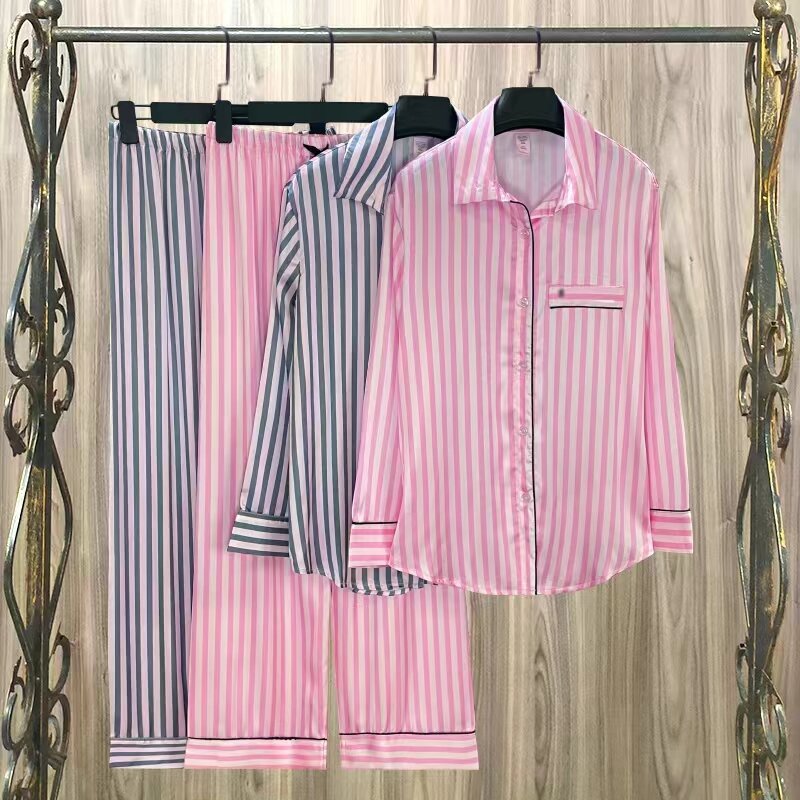 Conjuntos de pijamas de 2 piezas para mujer, cárdigan a rayas de seda de hielo, conjuntos de ropa de dormir para mujer, primavera y verano, ropa de casa