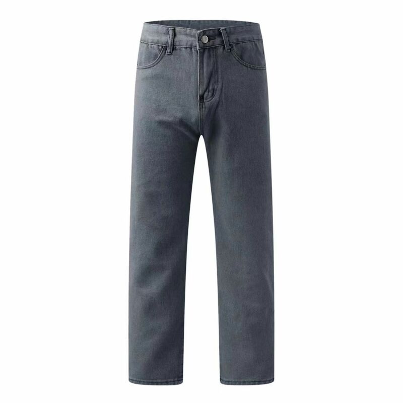 Calça jeans de cintura média masculina, monocromática, lavada, mosca com zíper, calça de rua alta, bolsos, reto, casual, verão, 2024