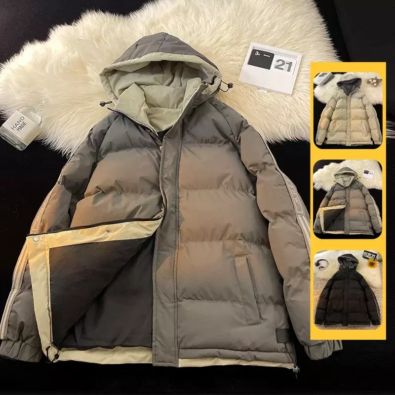 Jaqueta de algodão quente com capuz masculina, moda lazer, tendência, roupas falsas de duas peças, inverno