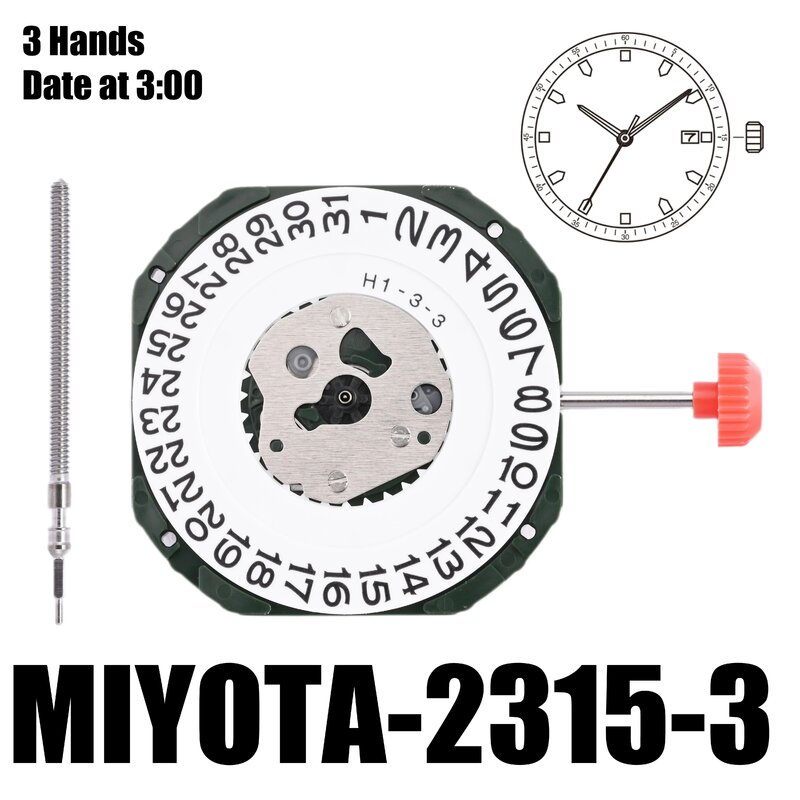 Movimento Miyota 2315, tamanho 11, 1, 2 '', altura 4,15mm, precisão ± 20 seg por mês, data de 3 mãos em 3A, tamanho 11