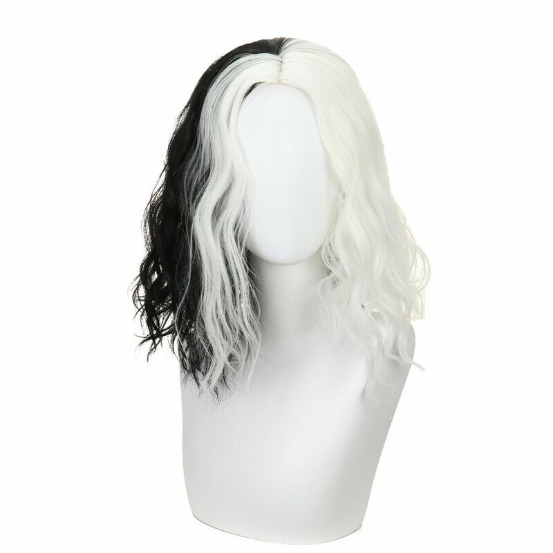 Cosplay gradient peruka kobiety czarne syntetyczne falowane włosy występ na imprezie peruki Cruella peruki syntetyczne włosy