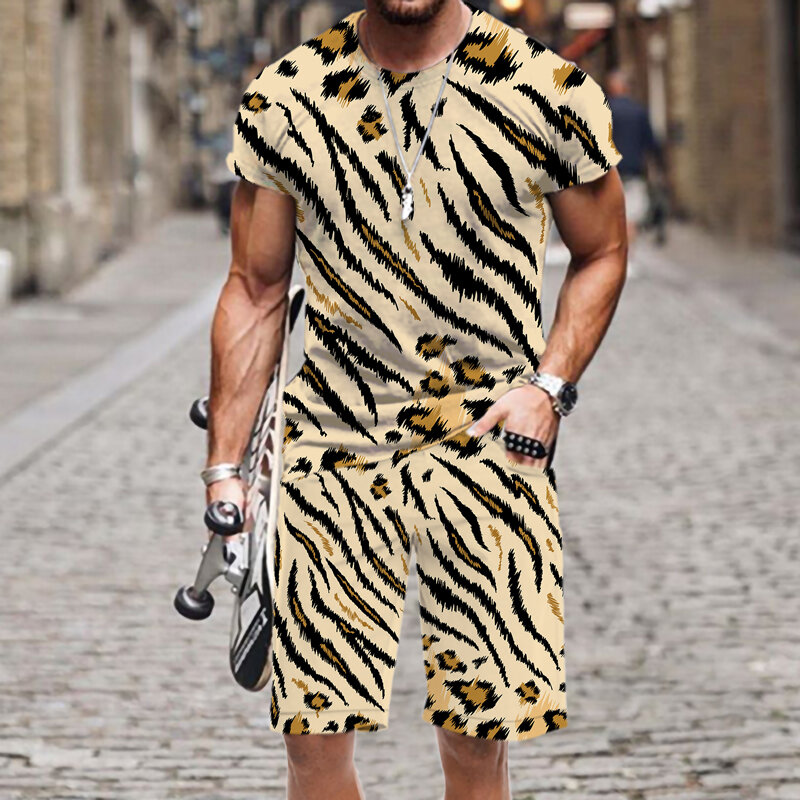 Men's T-shirt Shorts Set Funny Leopard Print Casual Tracksuit O Neck Short Sleeve Fashion 3D Printed Sportswear Street Tops Tees
