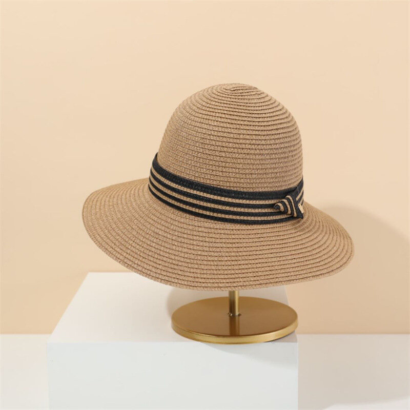 Cappello di paglia elegante francese da donna cappello da sole estivo per le vacanze al mare semplice Shopping Casual cappello da sole a tesa larga