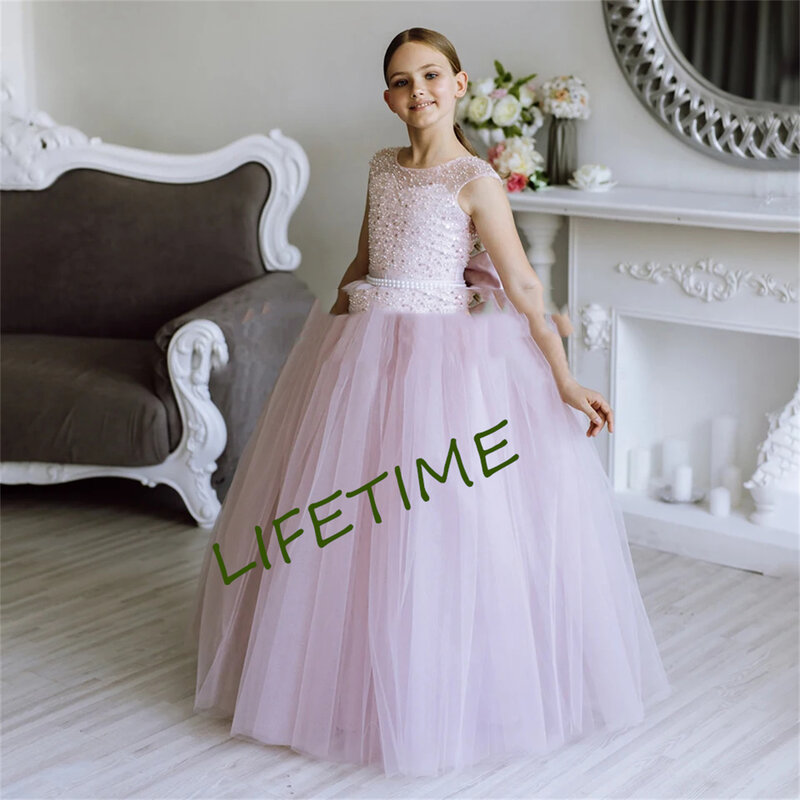 Lovely Pink Pearls Beaded A-Line Flower Girl Dresses For Wedding 2024 Tulle Sleeveless Birthday Party Kids First Communion Gowns
