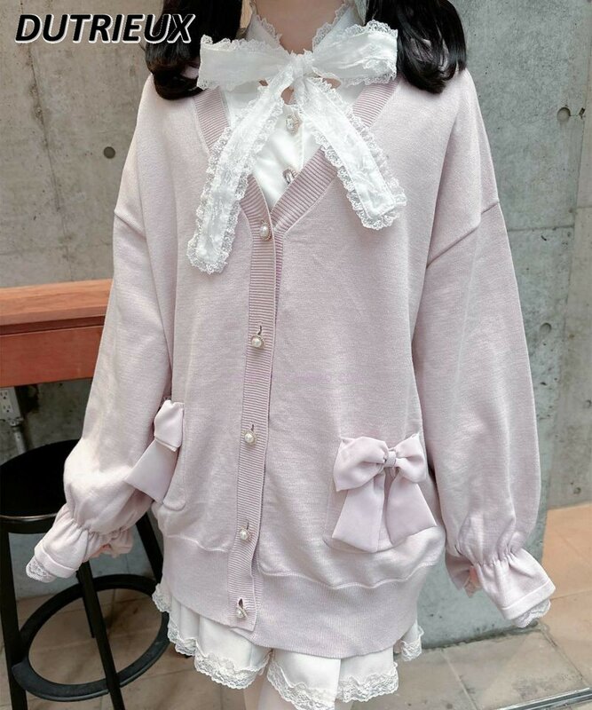 일본 광산 스타일 활 포켓 장식 스위트 브이넥 스웨터 코트, 긴팔 레이스 장식 커프 니트 가디건