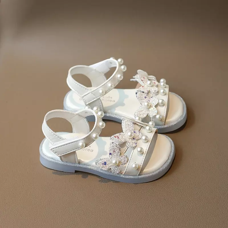 Sandali da principessa per ragazze sandali estivi per bambini con farfalla di strass Chic moda paillettes perla per bambini sandali piatti Open-toe nuovi
