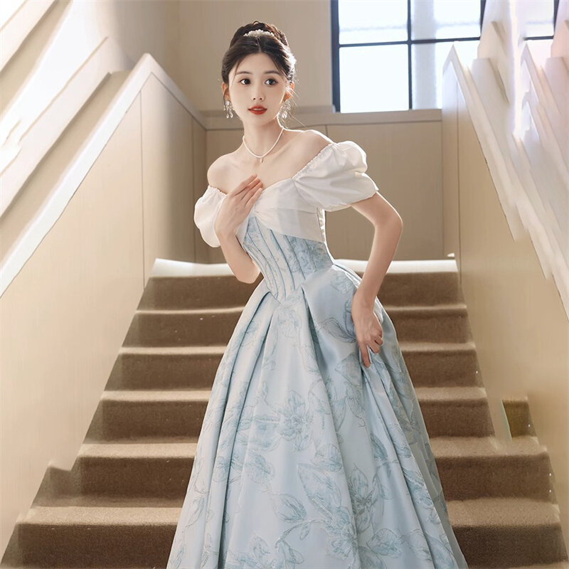 French Blue Evening Dress High-End Feeling Banquet Host Elegant Off-Shoulder Dress Puff Sleeve Long Dress Women's Clothing