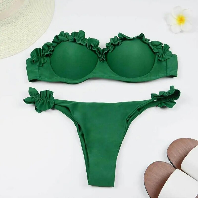 Bandeau Bikini Swimwear Women Summer Bikini Set Ruffle Trim Bra Mid-rise Briefs Set Push Up Bathing Suit Split Design Swimsuit