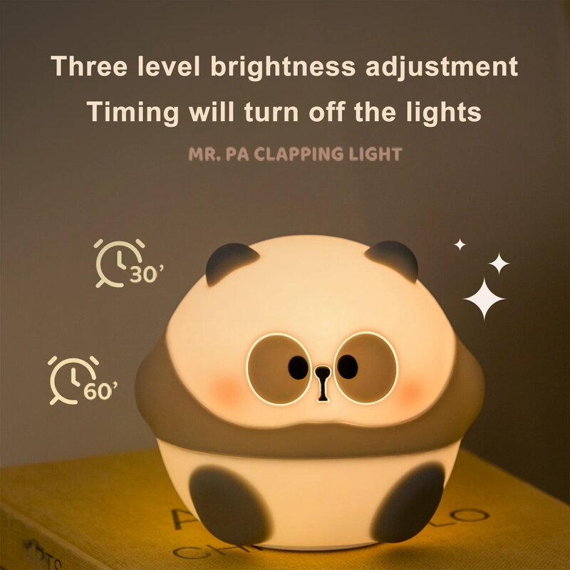 Luz LED de noche para niños, lámpara de silicona de dibujos animados de Panda lindo, recargable por USB temporizador, decoración de dormitorio
