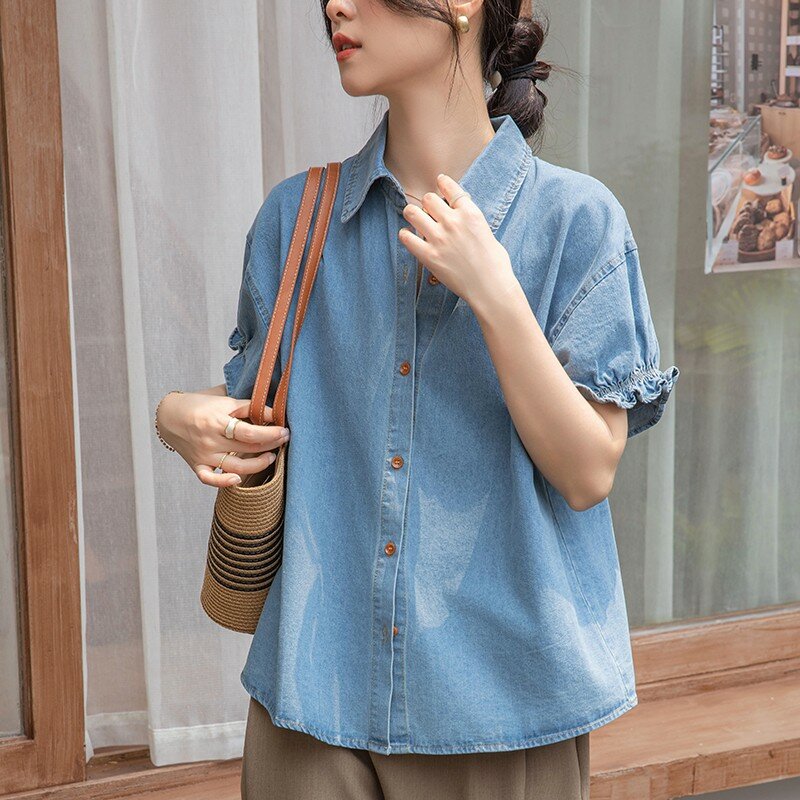 Женская джинсовая рубашка, Повседневная однотонная Свободная рубашка с коротким рукавом, в Корейском стиле, базовая модель W1757 на лето, 2024