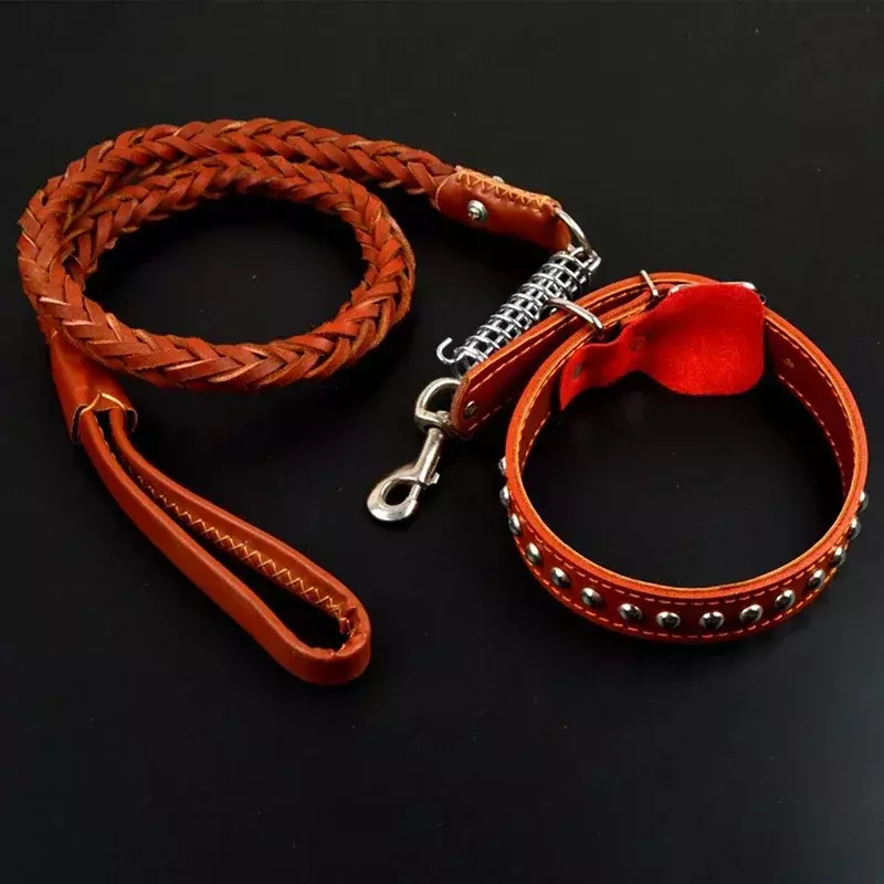 Pet Leather Dog Collar Leash For Large Dog Leather Dog Traction Drag Tow Rope Chain Pet Dog Supplies Accessories Prevent Runaway