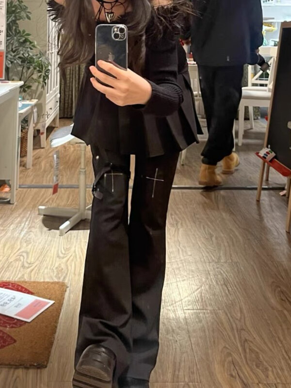 HOUZHOU 여성 고딕 플레어 팬츠, 로우 웨이스트 하라주쿠 활 매듭 플리츠 크로스 펑크 페이크 2 피스 팬츠, 일본 2000 년대 스타일 Y2k