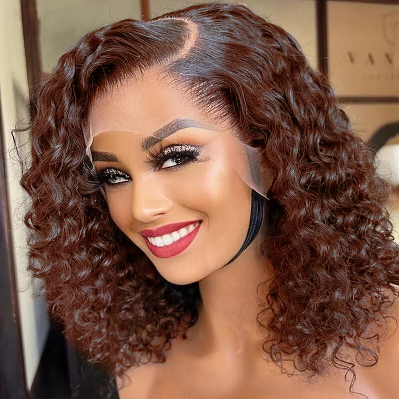 Deep Wave Short Bob Hair Wigs Dark Brown Chocolate Color Brazilian Hair 13x4 Transparent Lace Front Wig Remy Deep Water Curly