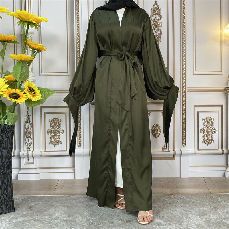 Wepbel musulmano aperto Abaya Cardigan donna abbigliamento islamico sottile raso cravatta lanterna polsino Cardigan caftano manica lunga Ramadan Robe