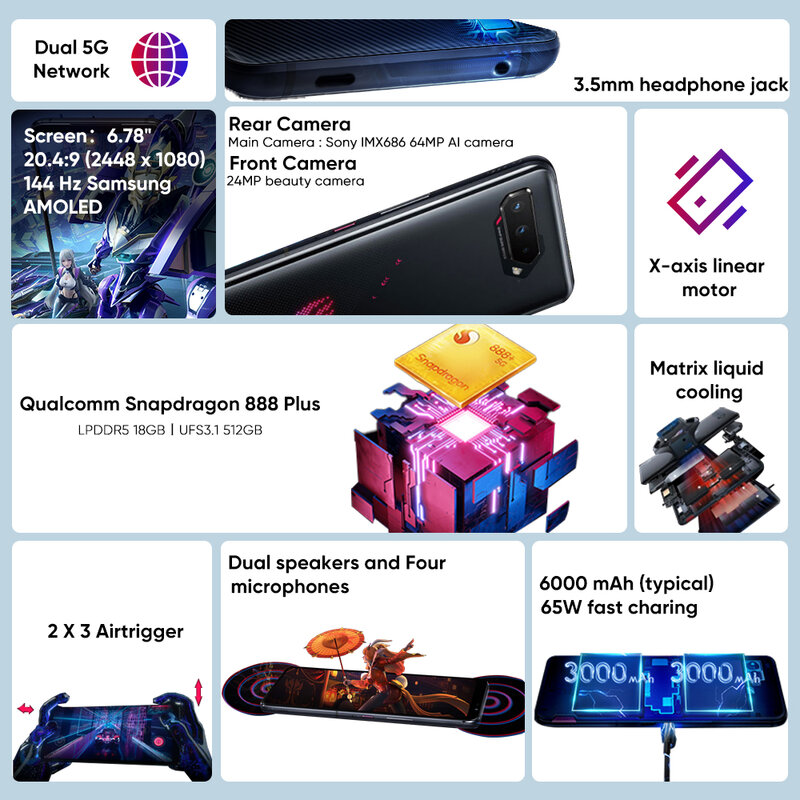 Smartphone ASUS-ROG 5 S, 5G, Snapdragon 888 Plus, 6.78 ", Display AMOLED 144Hz, 6000mAh, Carregamento Rápido de 65W, Rom Global Gaming