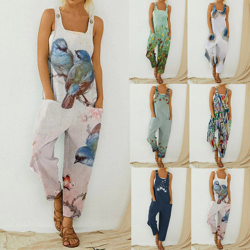 Summer New Women's Retro Abstract Print Women's Suspenders Large Size Jumpsuit