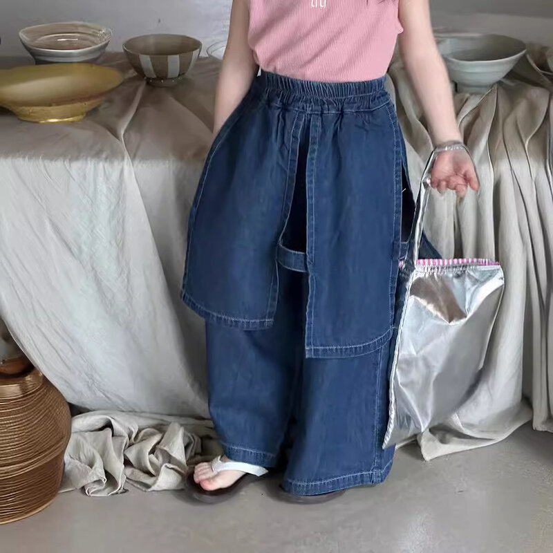 2024 Summer New Girls Thin Denim Pantskirt Children Loose Trousers Solid Kids Fashion Fake 2pcs Jeans Toddler Wide Leg Pants