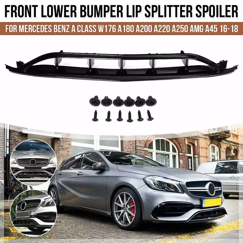 W176 Glossy Painted Front Lip with Side Splitter Canards Apron for Benz A180 A200 A250 A45 for Amg 2016 2017 2018 7PCS Body Kit