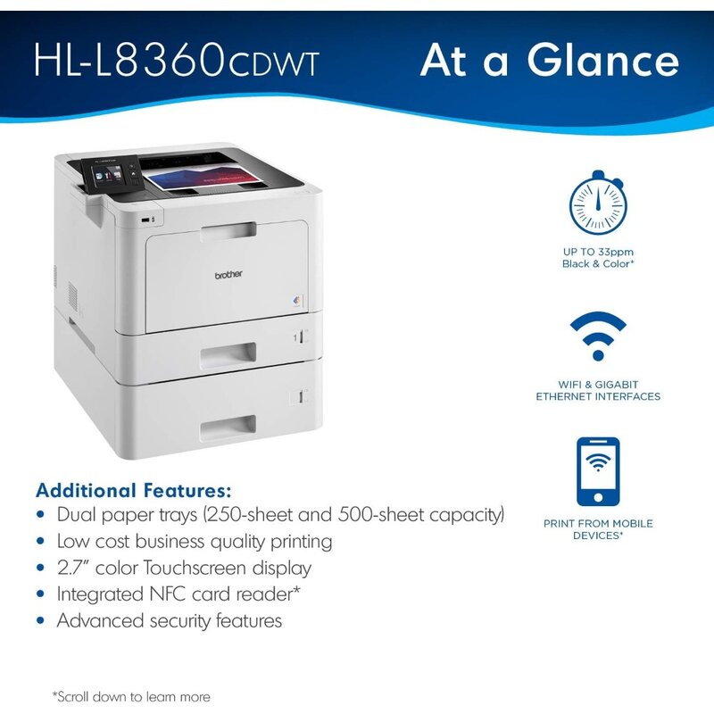 Imprimante laser HLL8360CDWT pour documents d'affaires, impression duplex, mise en réseau sans fil, plateaux pour touristes