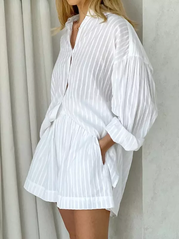 Sumuyoo Casual Shorts Sets Striped Jacquard 2 Pieces Cozy Lapel Lantern Sleeve Shirt Summer Outfit Elastic Waist Shorts Suits